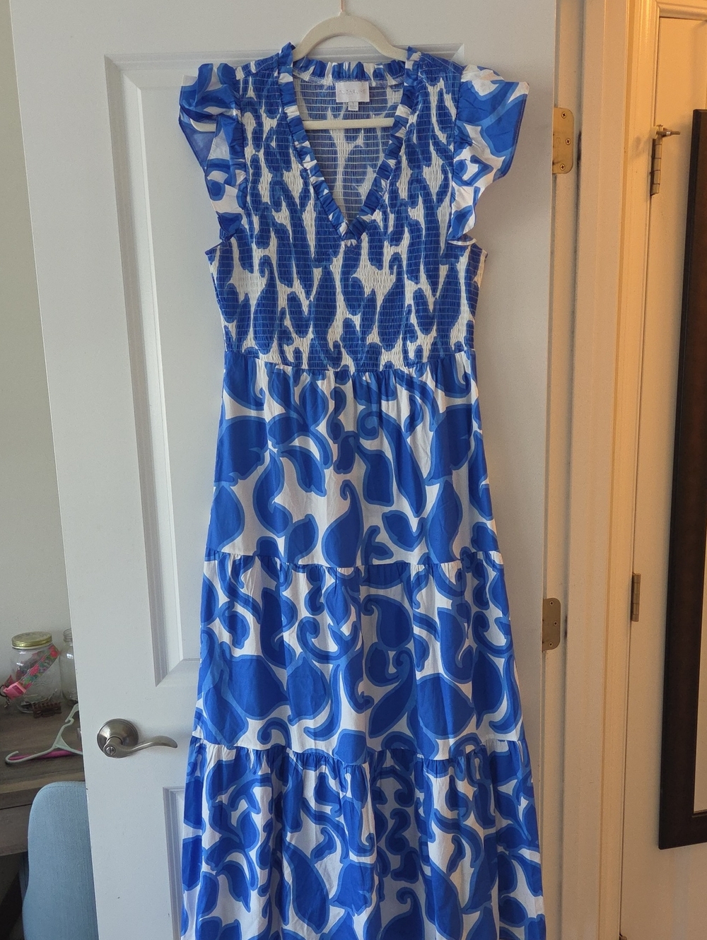Blue & White Print Maxi Dress - Smocked V-Neck